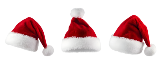 Three red and white santa hats are shown in a row