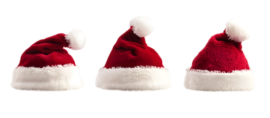 Three red santa hats with white trim