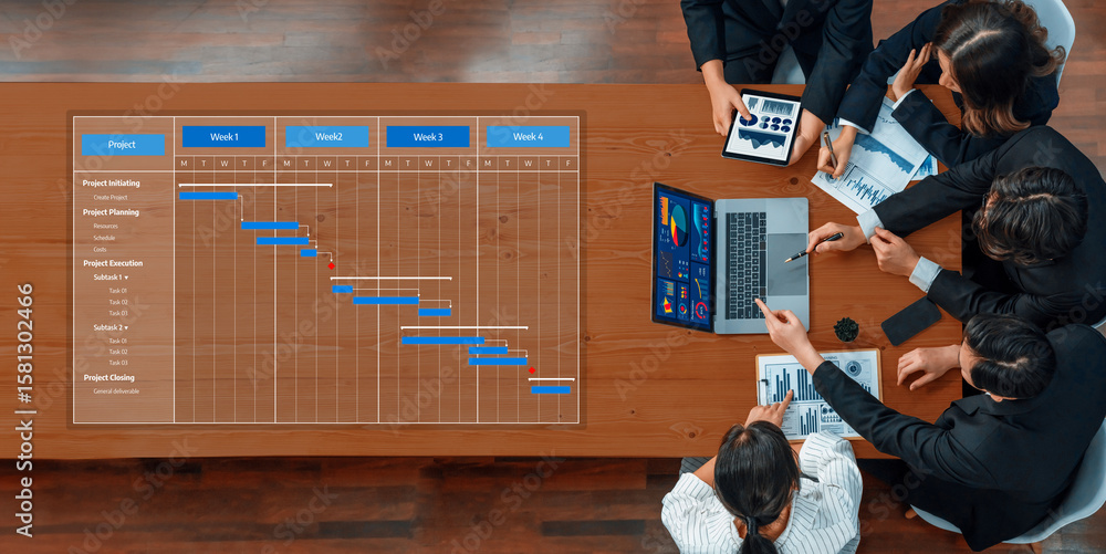 Poster a group of professionals engaged in a project management meeting, analyzing a gantt chart and data-d