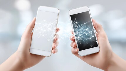 Two smartphones connecting via abstract digital network signals representing wireless data exchange and seamless smart communication, Generative AI