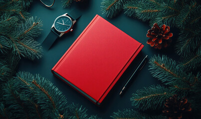 Red notebook surrounded by pine branches, watch, and pine cones for holiday planning.