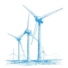 Hand drawn blue sketch of wind turbines generating clean energy representing sustainability and renewable electricity source, Generative AI