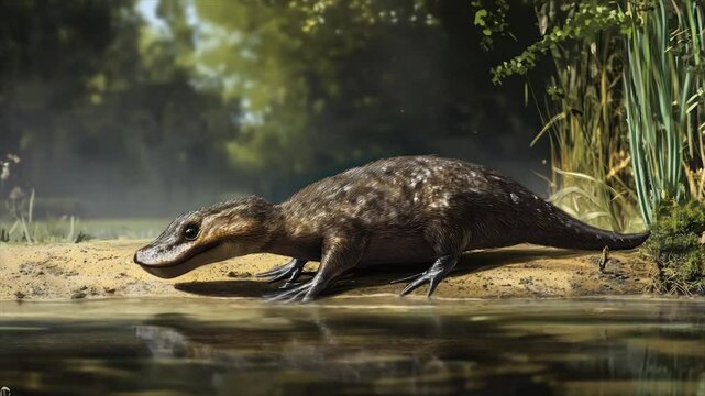 Aquatic reptile reconstruction, near water's edge, detailed texture