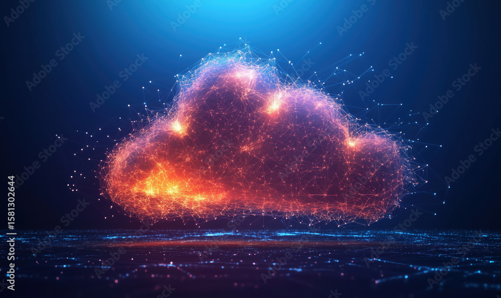 Poster digital cloud technology representation with glowing network connections and data visualization.