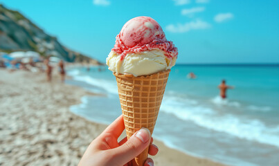 Delicious ice cream cone with strawberry scoop at sunny beach.