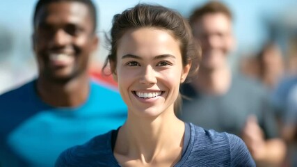 Group of friends happily participating in a lively fun run under the sun.