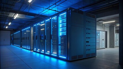 Obraz premium Illuminated Server Racks in a Data Center Modern IT Infrastructure