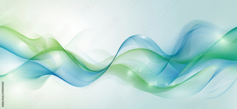 Poster abstract flowing waves in blue and green tones with soft gradients and light effects.