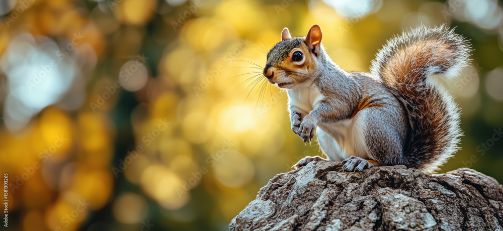 Poster squirrel perched on tree stump with autumn bokeh background and vibrant colors.