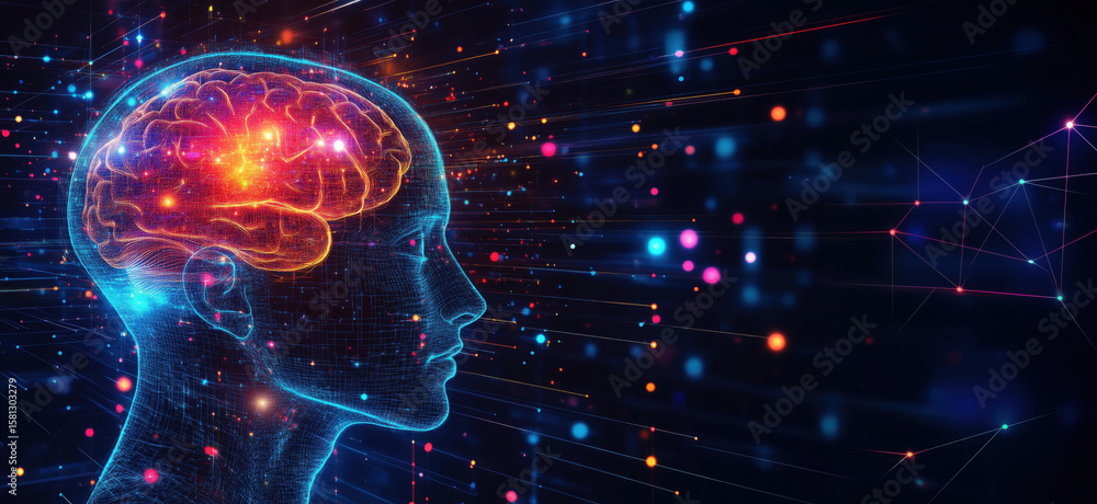 Aufkleber digital representation of human brain with neural connections and glowing particles.