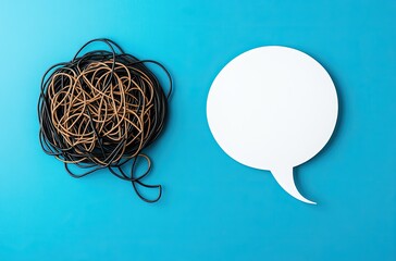 Tangled cords beside a blank thought bubble on a vibrant blue background