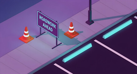 Isometric Roadwork Scene With Warning Sign And Cones At Night And Parking