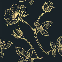 Minimalist gold line art wild rose floral pattern design for elegant backgrounds