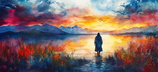 Serene sunset landscape with figure walking by lake surrounded by mountains and vibrant colors.