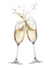 Two champagne glasses are filled with champagne and are being raised in a toast
