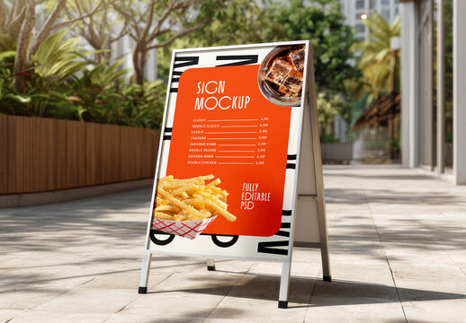 Outdoor A-Frame Menu Sign Mockup with Fries