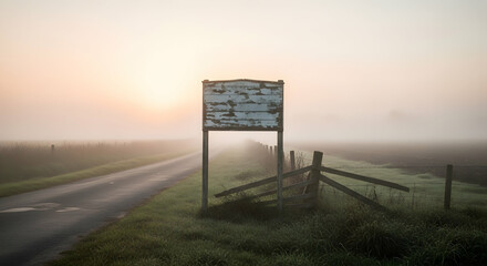 Fototapeta premium Misty Morning Road: An Atmospheric Landscape with a Rustic Signboard near rural road
