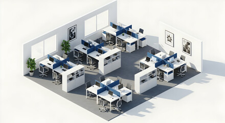 Isometric View Of A Modern Office Space With Workstations And Natural Light