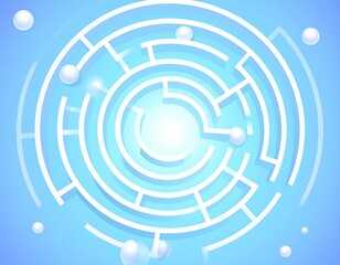 A minimalist 3D rendering of a blue maze filled with smooth white spheres. This abstract geometric background features clean lines, soft shadows, and a modern aesthetic. 
