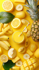 Bright yellow poster with fresh tropical fruit medley with pineapple, bananas, lemons, and a glass of smoothie