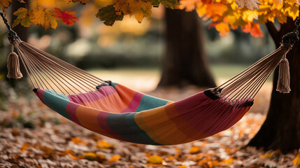 Colorful hammock in autumn forest with golden leaves. Concept of relaxation and outdoor leisure