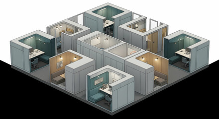 Isometric View Of Modular Modern Office Pods For Collaborative Workspaces