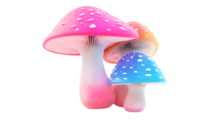 Three colorful mushrooms are arranged in a row, with one being pink