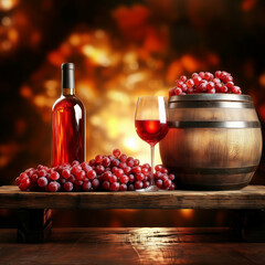 Wine harvest celebration with grapes and wooden barrel in rustic autumn setting