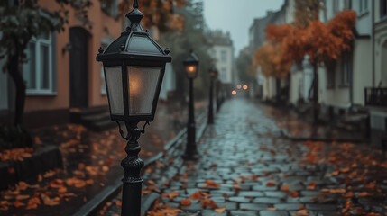 Autumn street lamp in misty european town with fallen leaves, fall scene without people