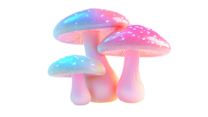 Three colorful mushrooms are arranged in a row on a white background