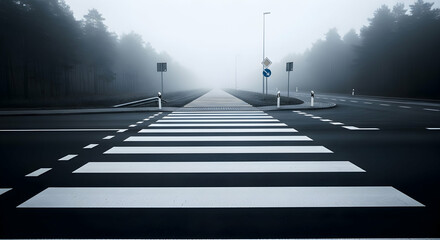 Misty road crossing with pedestrian zebra lines and enveloping fog creating atmospheric depth and visual intrigue