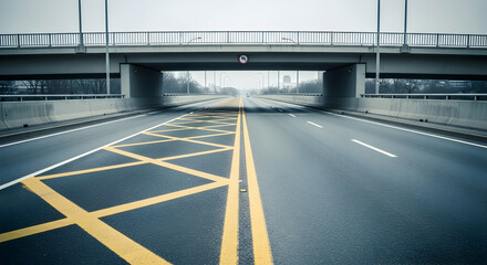 Obraz premium Highway Perspective Under Bridge With Cross Hatch Markings And Atmospheric Haze