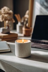 Ceramic Candle Holder with Flowers and Laptop in Background – Warm Scented Decor for Modern Workspace