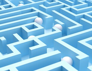 A minimalist 3D rendering of a blue maze filled with smooth white spheres. This abstract geometric background features clean lines, soft shadows, and a modern aesthetic. 
