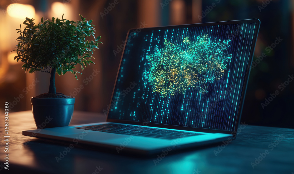 Poster digital tree visualization on laptop screen with glowing data patterns and plant.