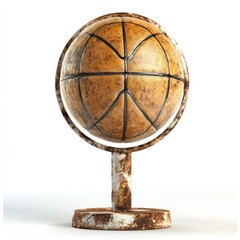 Rusty basketball globe on weathered stand