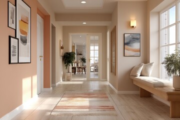 Fototapeta premium Modern hallway with warm decor and wooden furniture accentuating natural light