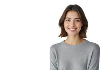 A smiling young woman with short brown hair gazes directly at the camera, wearing a gray sweater against a soft grey background.
