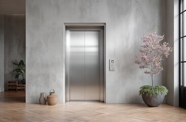 Modern Apartment Elevator Entrance with Concrete Wall and Parquet Flooring Featuring Decorative Plant