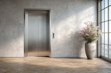 Modern Apartment Elevator Entrance with Concrete Wall and Parquet Flooring Featuring Decorative Plant