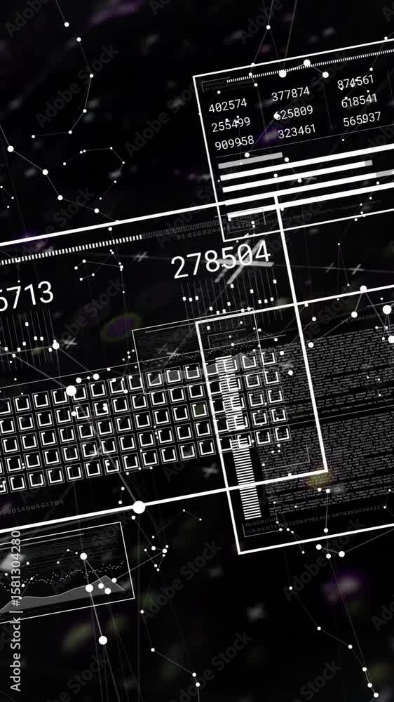 Aufkleber animation of data processing and network of connections on black background