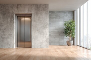 Modern Apartment Elevator Entrance with Concrete Wall and Parquet Flooring Featuring Decorative Plant