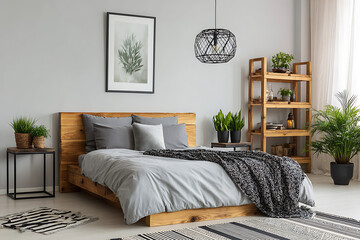 Minimalist Gray and White Bedroom Interior Design with Light Wood Platform Bed Gray Bedding Black and White Throw Blanket Wooden Shelving