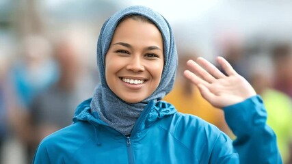 A joyful Muslim woman runner waves to an enthusiastic marathon audience.