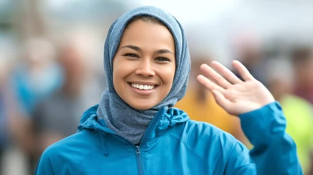 A joyful Muslim woman runner waves to an enthusiastic marathon audience.