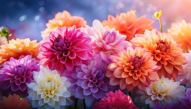 large multicolored dahlia flowers in full bloom before a dreamy background