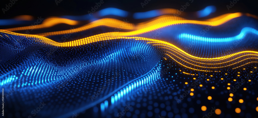 Poster abstract digital wave patterns in blue and orange colors with glowing dots.