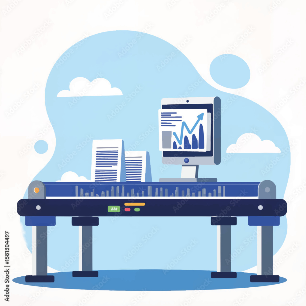 Poster Digital workstation with computer displaying data analysis charts  