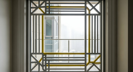 Obraz premium Modern Apartment Window with Geometric Design and City View Providing Natural Light