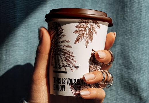 Hand Holding Coffee Cup Mockup with Leaf Illustration